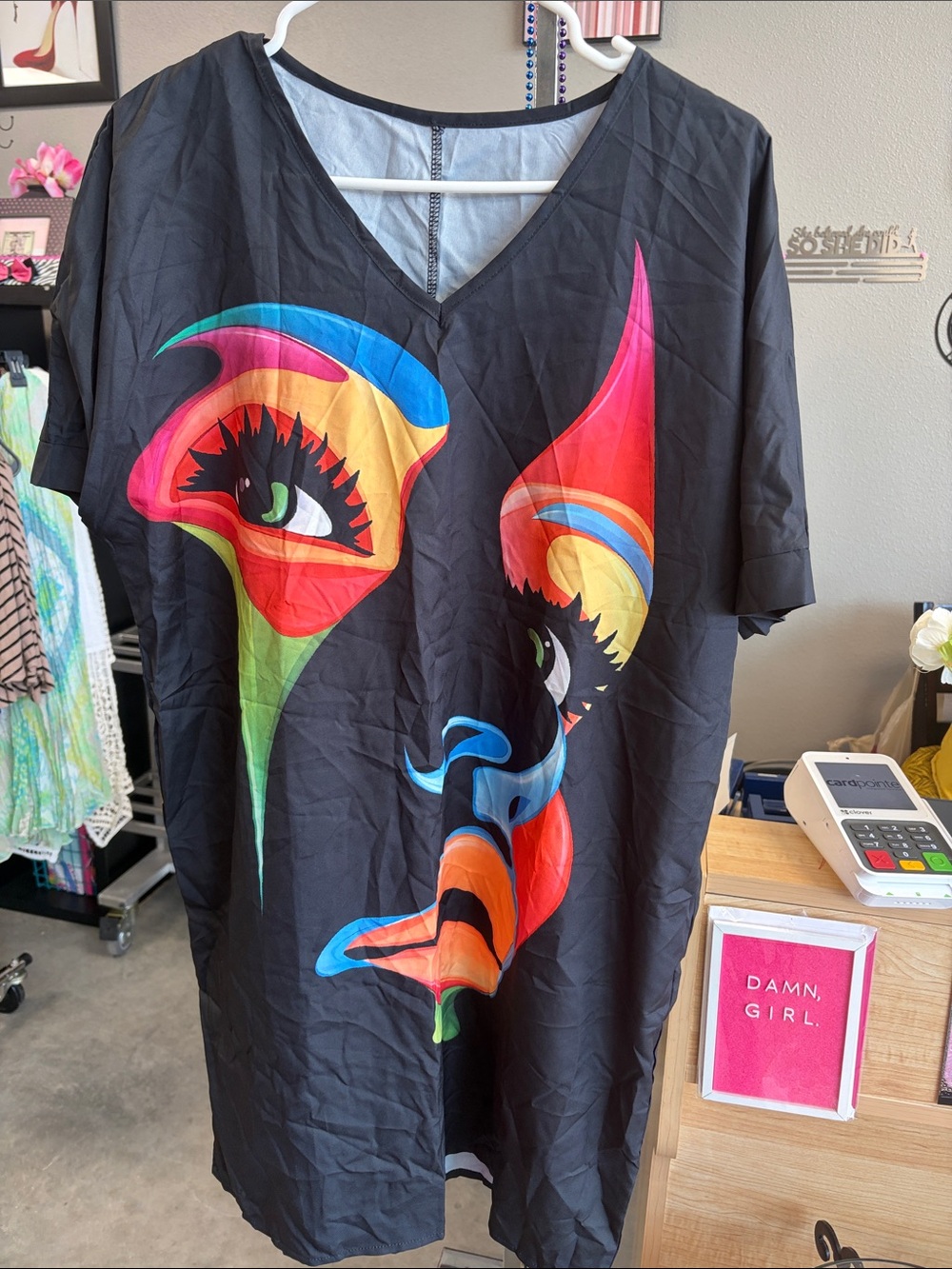 Black V‑Neck Dress with Colorful Abstract Face Print